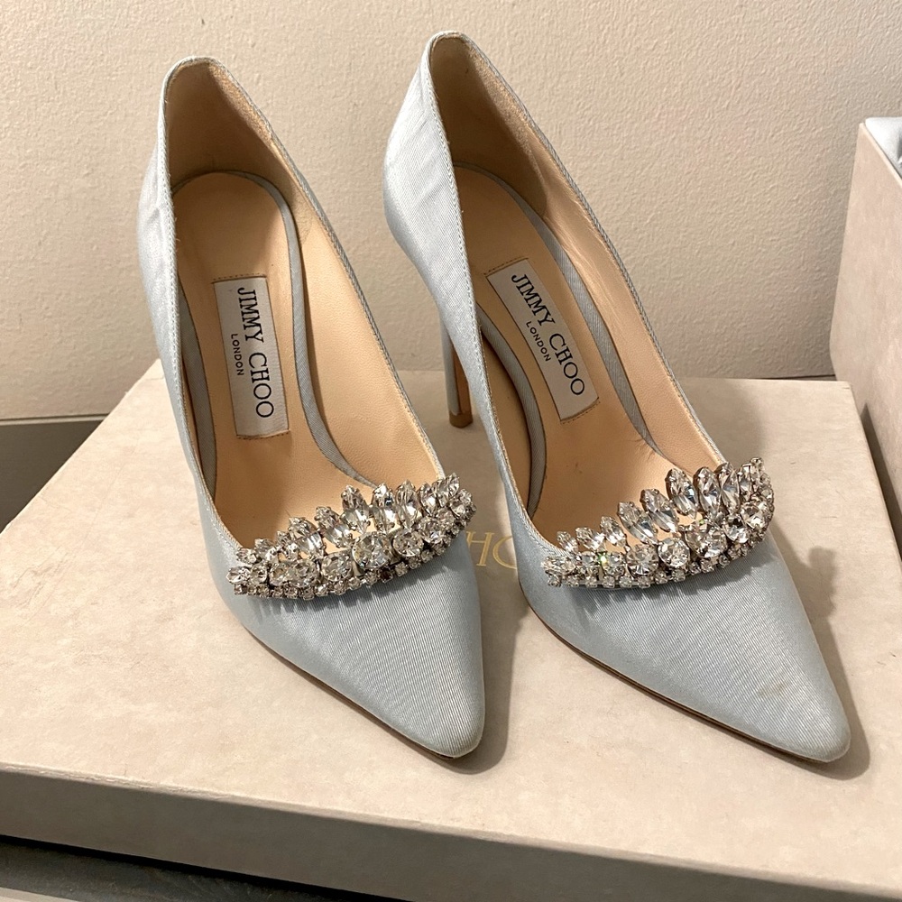 Jimmy Choo Romy 100 “Something Blue” Bridal Crystal Tiara Sz 35 Dust Bag Box